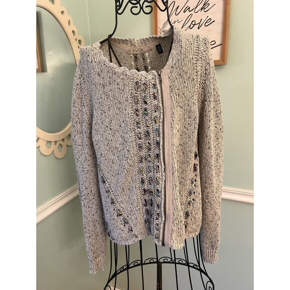 anthropologie Knitted And Knotted Sweater Cable Knit Front Zip M Gray Blend - Picture 1 of 8